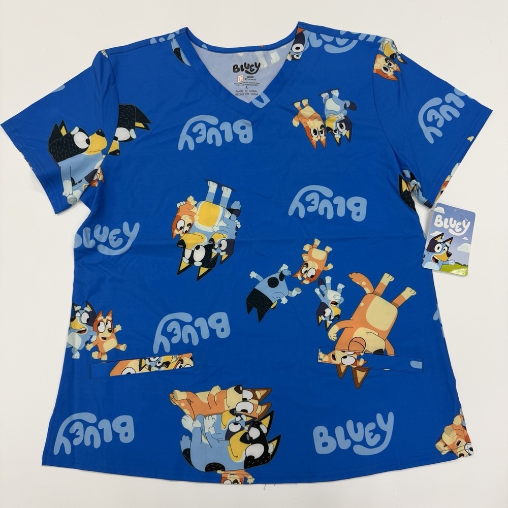 BLUEY &‎ BINGO Women's Medical Scrub Top Sz Large With Pockets NEW